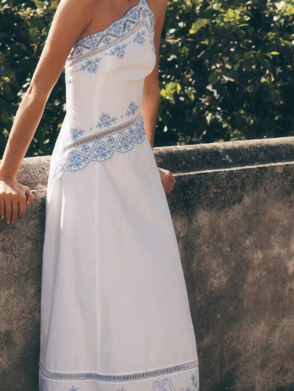 FARM Rio White One-Shoulder Maxi Dress with Blue Embroidery